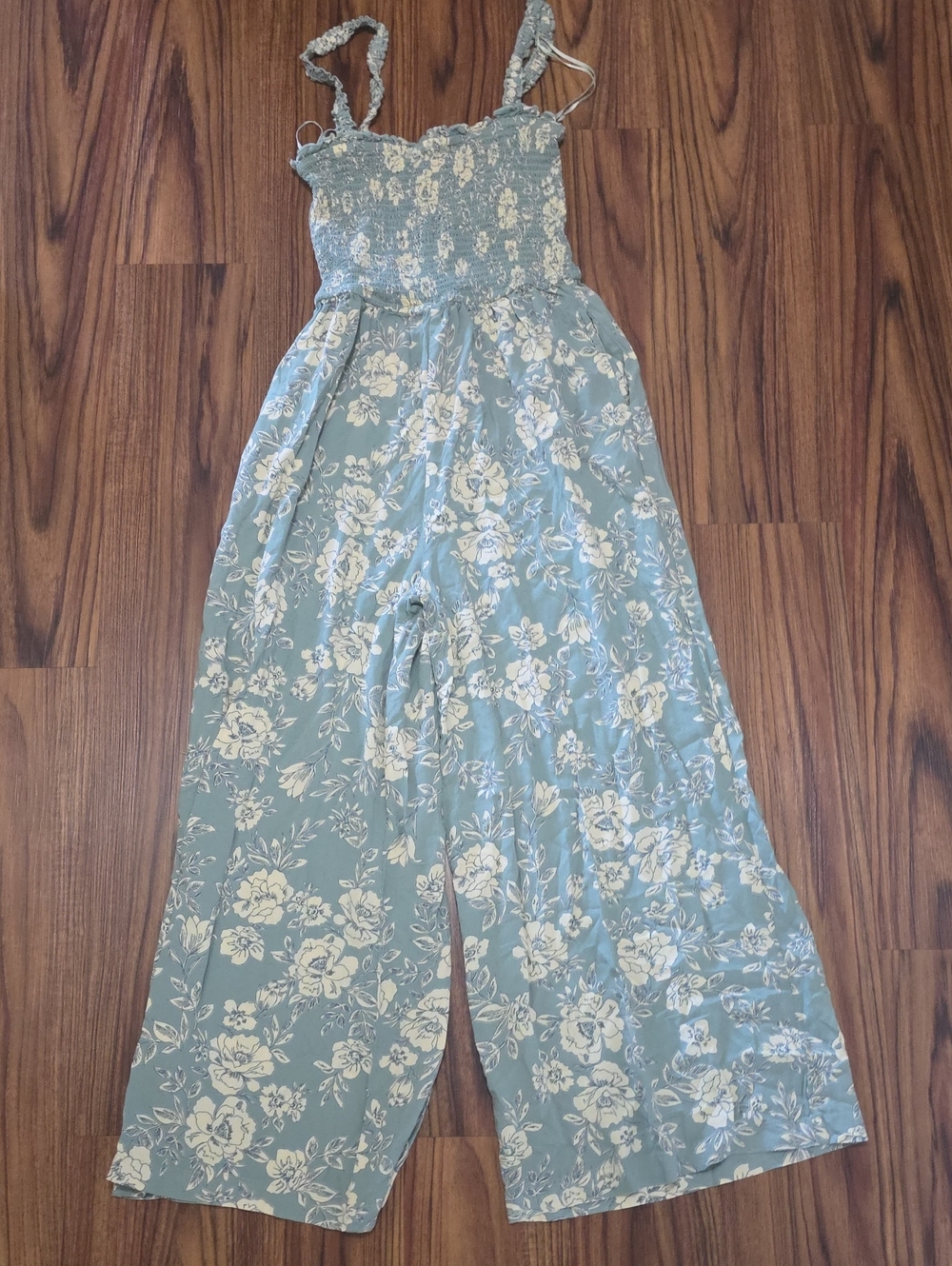 Floral Smocked Wide-Leg Jumpsuit — Light Sage